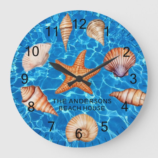 Modern Coastal Sea Shells Treasure Ocean Custom    Large Clock (Front)