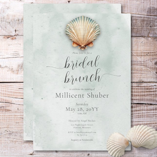 Modern Coastal Seashell Aqua Bridal Brunch Invitation (Modern Coastal Seashell Aqua Bridal Brunch Invitation)