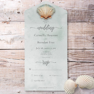 Modern Coastal Seashell Aqua Watercolor No Dinner All In One Invitation