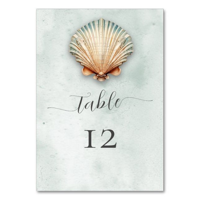 Modern Coastal Seashell Aqua Wedding Table Number (Front)