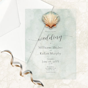 Modern Coastal Seashell Aqua Wedding Vellum Invitations