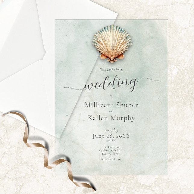 Modern Coastal Seashell Aqua Wedding Vellum Invitations (Modern Coastal Seashell Aqua Wedding Vellum Invitation)