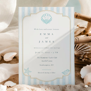 Modern Coastal Seashell Nautical Striped Wedding Invitation