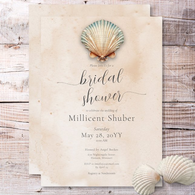 Modern Coastal Seashell Sand Bridal Shower Invitation (Modern Coastal Seashell Sand Bridal Shower Invitation)