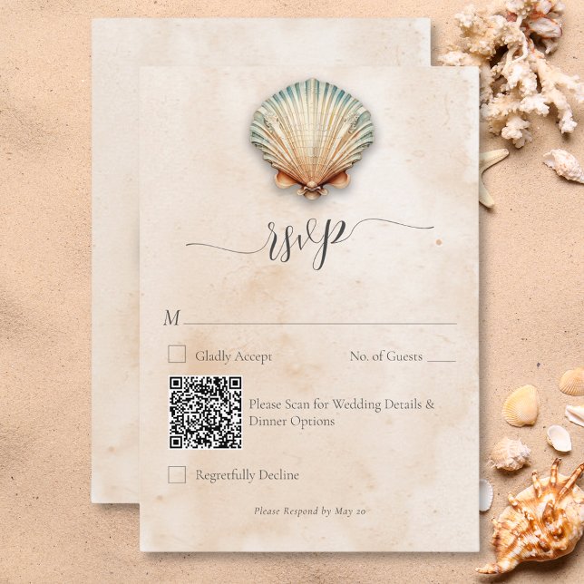 Modern Coastal Seashell Sand Wedding QR Code RSVP Card (Modern Coastal Seashell Sand Wedding QR Code RSVP Card)