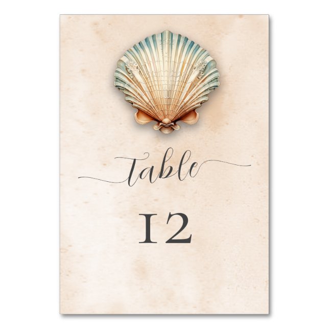 Modern Coastal Seashell Sand Wedding Table Number (Front)