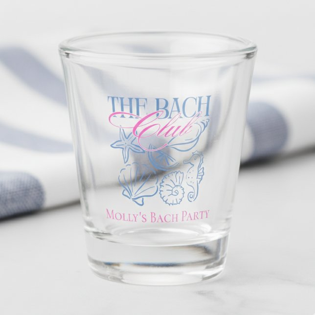Modern Coastal Seashell Theme Bachelorette Party Shot Glass (Cheers to the bride-to-be with this Coastal “Bach Club” Bachelorette Shot Glass!)