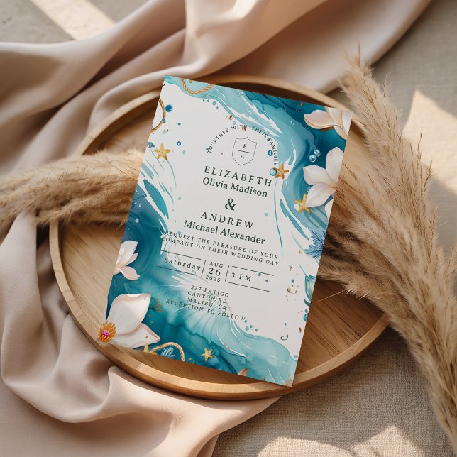 Modern Coastal Seashell Watercolor Wedding Invitation (Creator Uploaded)