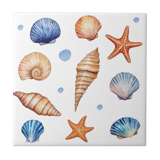 Modern Coastal Seashells Pattern Treasure Ocean Tile (Front)