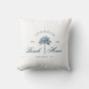Modern Coastal Vintage Beach House Palm Tree Blue  Cushion
