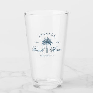 Modern Coastal Vintage Beach House Palm Tree Blue  Glass