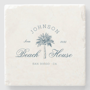 Modern Coastal Vintage Beach House Palm Tree Blue  Stone Coaster