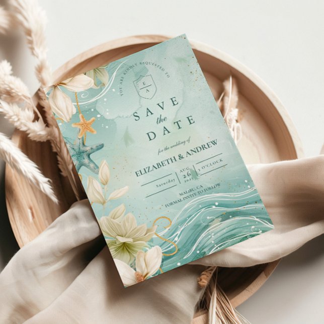 Modern Coastal Wave Floral Wedding Save The Date (Creator Uploaded)
