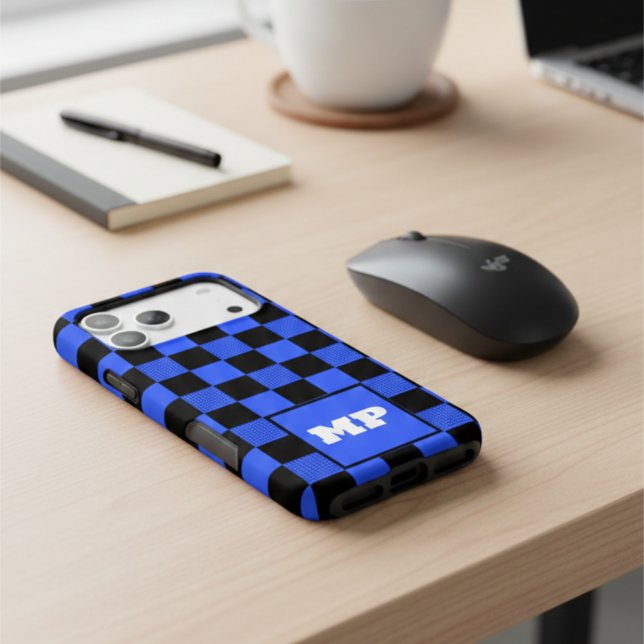 Modern Cobalt Blue & Black Checkerboard Monogram (Creator Uploaded)