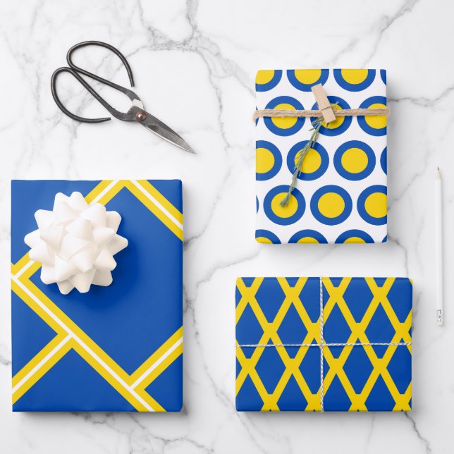 Modern Cobalt Blue Gold Yellow Geometric Pattern Wrapping Paper Sheet (Front)