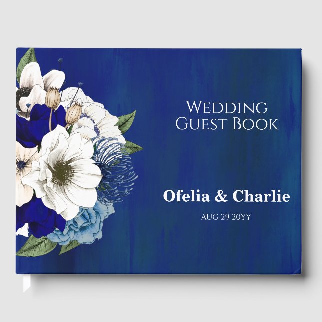 Modern Cobalt Dusty Blue White Floral Wedding Guest Book (Front)