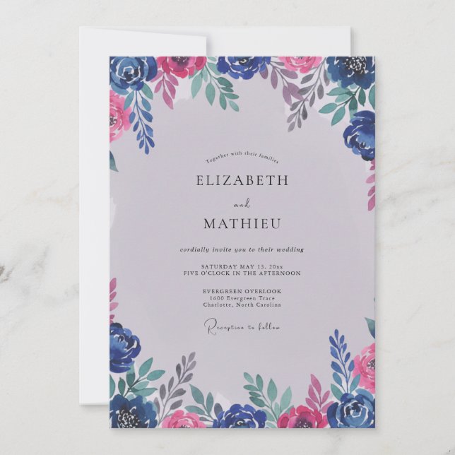 Modern Cobalt Magenta Petal Wedding Invitation (Front)
