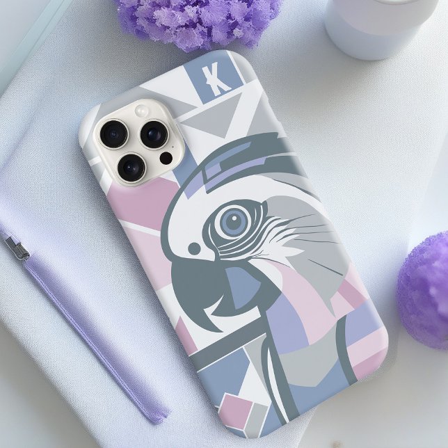 Modern Cockatoo Stylish Geometric Parrot Monogram Case-Mate iPhone Case (Modern geometric Cockatoo parrot iPhone case in pink and blue)