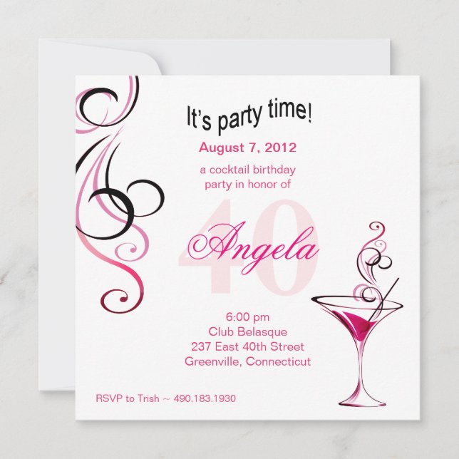 Modern Cocktail 40th Birthday Party (fuschia) Invitation (Front)