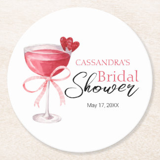 Modern Cocktail Drink Pink Bow Bridal Shower Round Paper Coaster