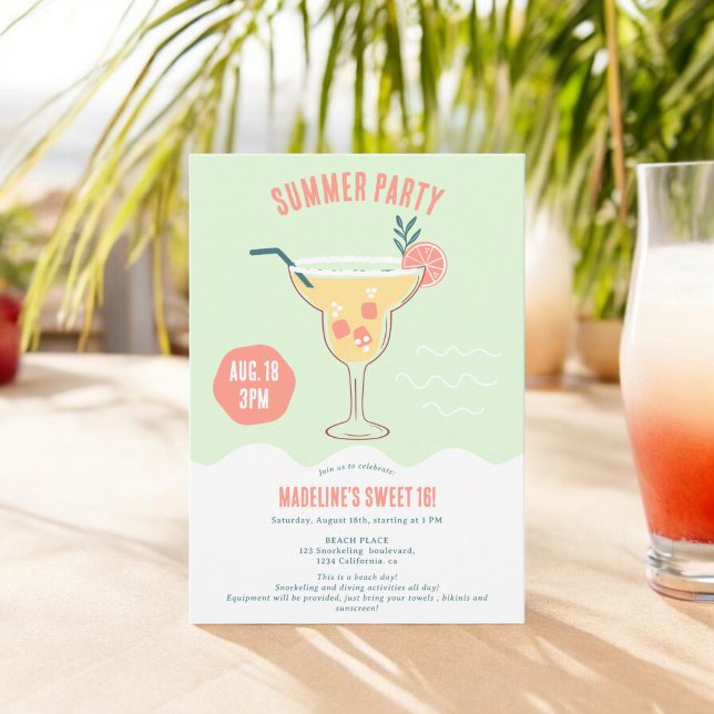 Modern Cocktail illustration summer beach Sweet 16 Invitation (Modern Cocktail illustration summer beach Sweet 16 Invitation)