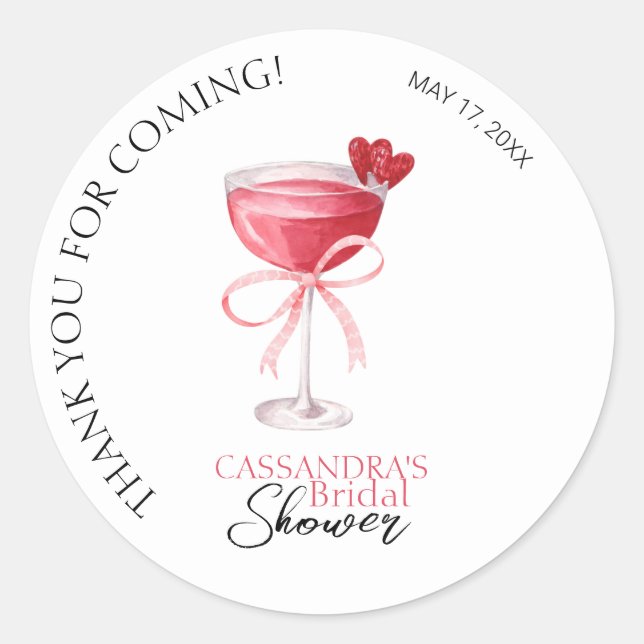 Modern Cocktail Pink Bow Bridal Shower Thank You Classic Round Sticker (Front)