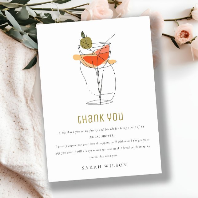 Modern Cocktail Wine Line Drawing Bridal Shower Thank You Card (Creator Uploaded)