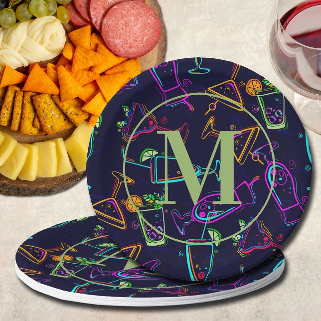 Modern Cocktails Happy Hour Monogram Paper Plate (Creator Uploaded)