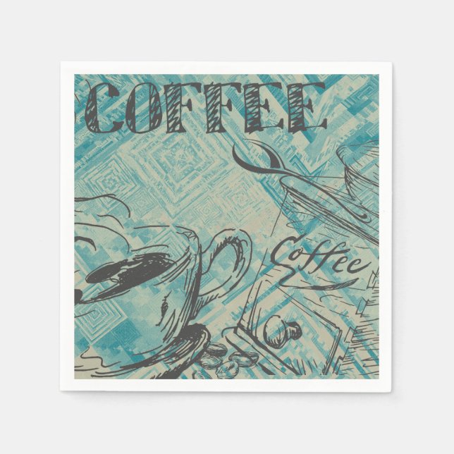 Modern Coffee Art Sketch Blue Napkin (Front)