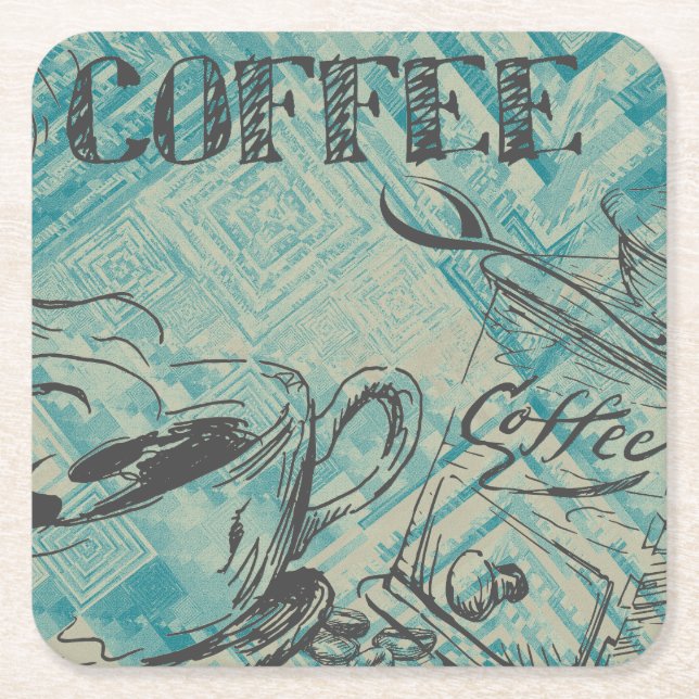 Modern Coffee Art Sketch Blue Square Paper Coaster (Front)