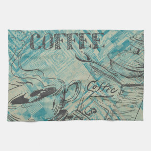 Modern Coffee Art Sketch Blue Tea Towel