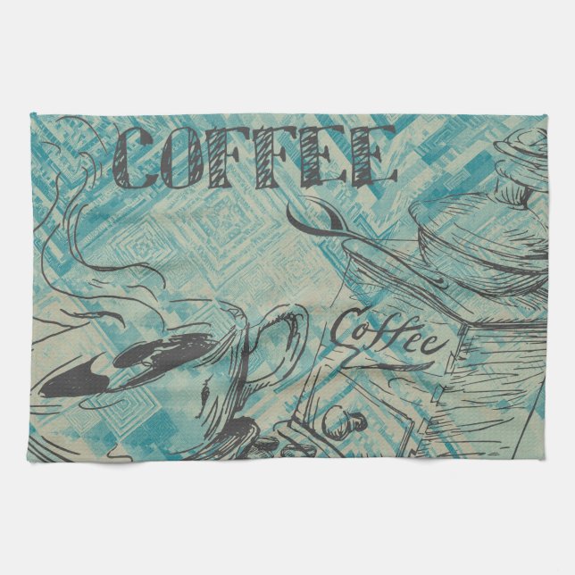 Modern Coffee Art Sketch Blue Tea Towel (Horizontal)