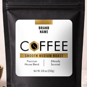 Modern Coffee Beans Pouch Jar Gold Foil Effect Square Sticker