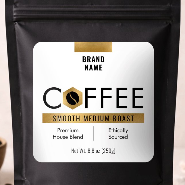 Modern Coffee Beans Pouch Jar Gold Foil Effect Square Sticker (Creator Uploaded)