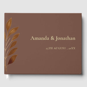 Modern Coffee Brown and Gold Leaf Wedding  Guest Book