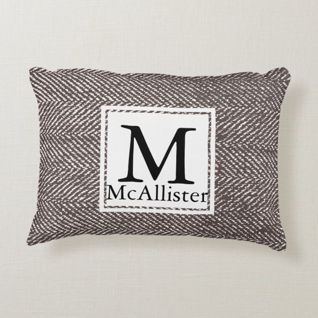 Modern Coffee Brown Herringbone | Monogram Decorative Cushion (Back)