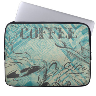 Modern Coffee Lovers Cafe Art Sketch Blue Laptop Sleeve