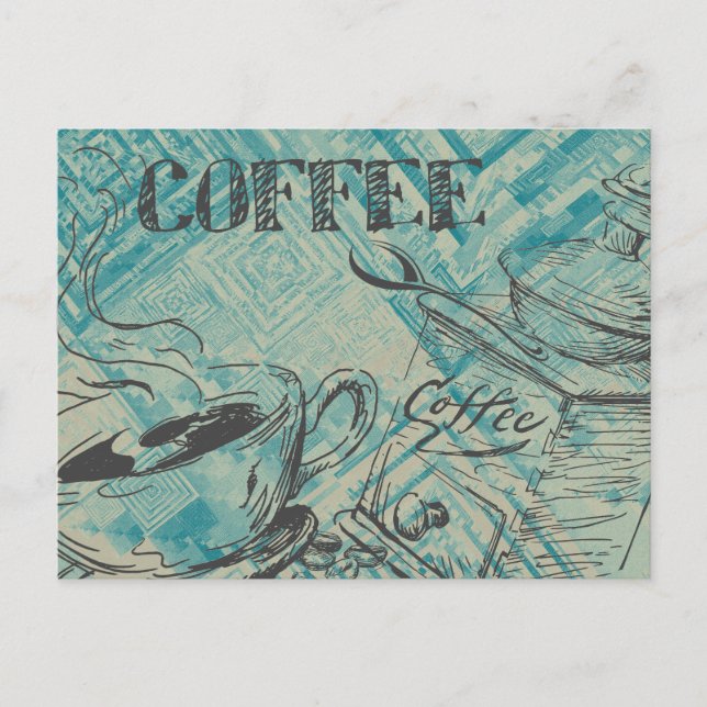 Modern Coffee Lovers Cafe Art Sketch Blue Postcard (Front)