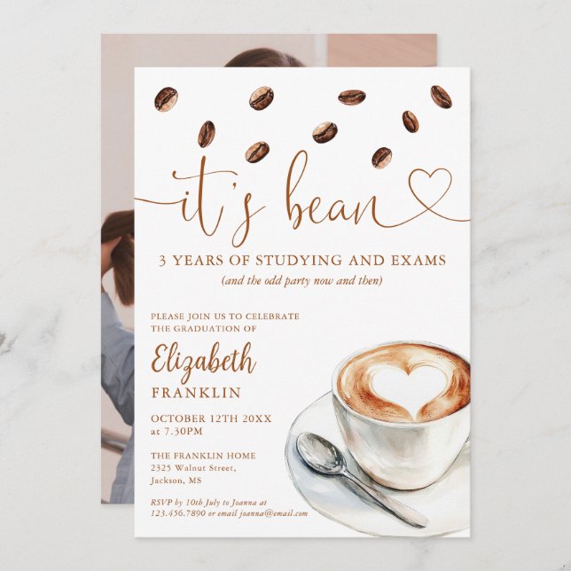 Modern Coffee Themed Graduation Party Photo Invitation (Front/Back)