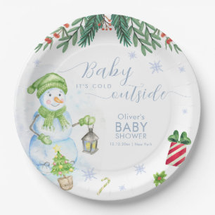 Modern Cold Outside Floral Snowman Baby Shower  Paper Plate