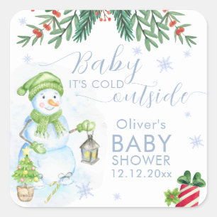 Modern Cold Outside Floral Snowman Baby Shower  Square Sticker