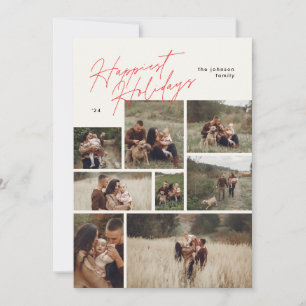 Modern Collage Christmas Red 8 Photo Happiest Holiday Card