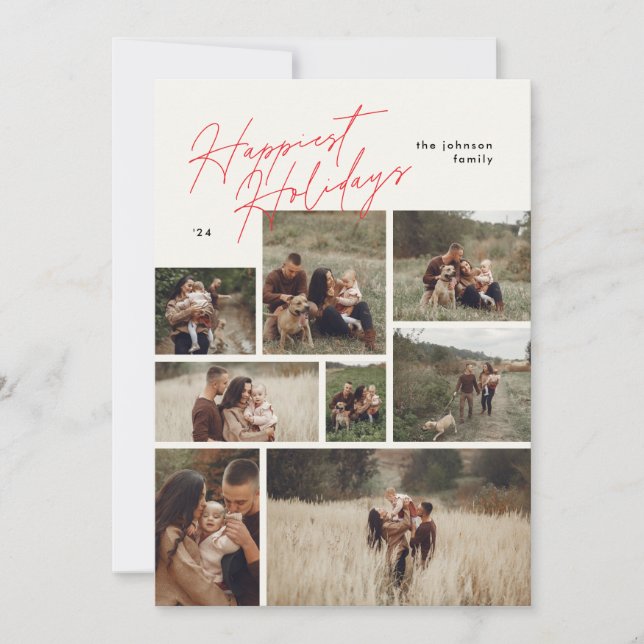Modern Collage Christmas Red 8 Photo Happiest Holiday Card (Front)