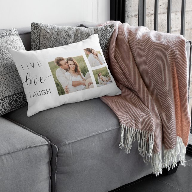 Modern Collage Couple Photo & Live Love Laugh Gift Lumbar Cushion (Creator Uploaded)