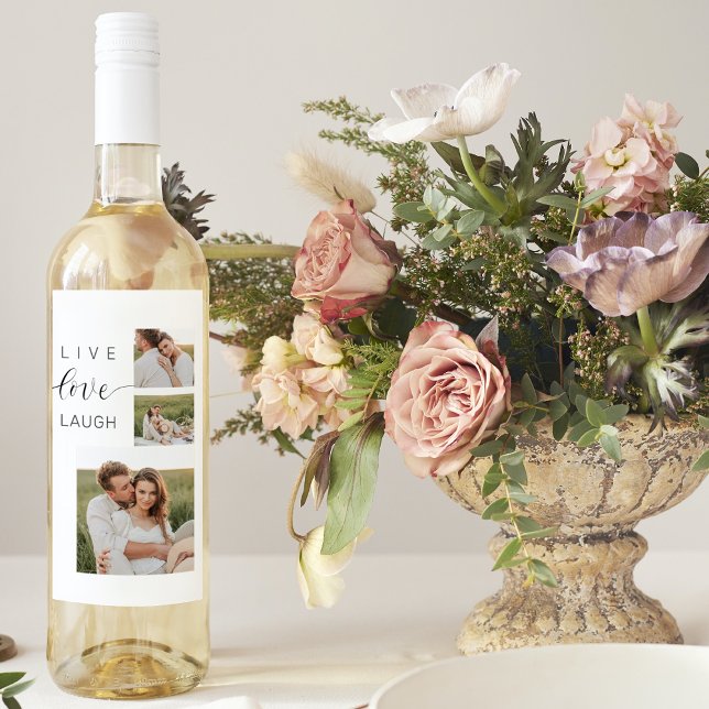 Modern Collage Couple Photo & Live Love Laugh Gift Wine Label (Creator Uploaded)