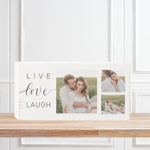 Modern Collage Couple Photo & Live Love Laugh Gift Wooden Box Sign