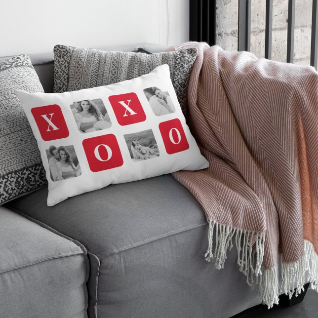 Modern Collage Couple Photo & Red XOXO Lumbar Cushion (Creator Uploaded)