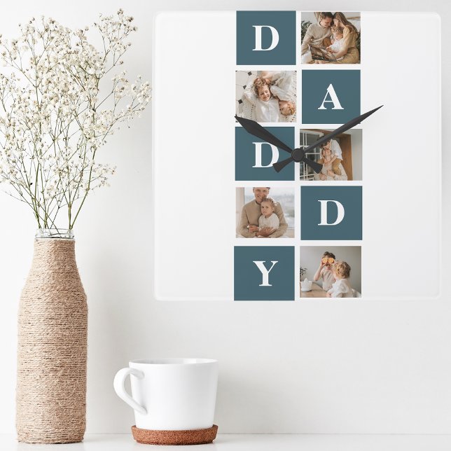 Modern Collage Fathers Photo & Green Daddy Gifts Square Wall Clock (Creator Uploaded)
