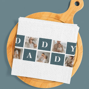 Modern Collage Fathers Photo & Green Daddy Gifts Tea Towel