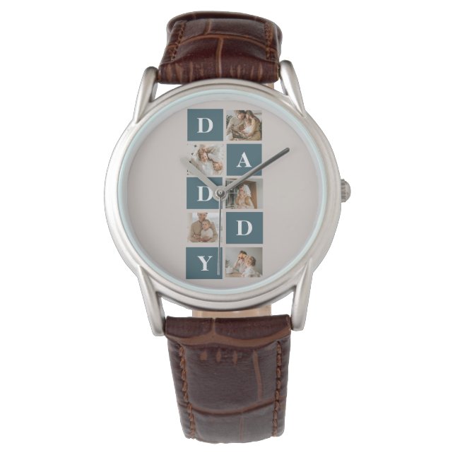Modern Collage Fathers Photo & Green Daddy Gifts Watch (Front)
